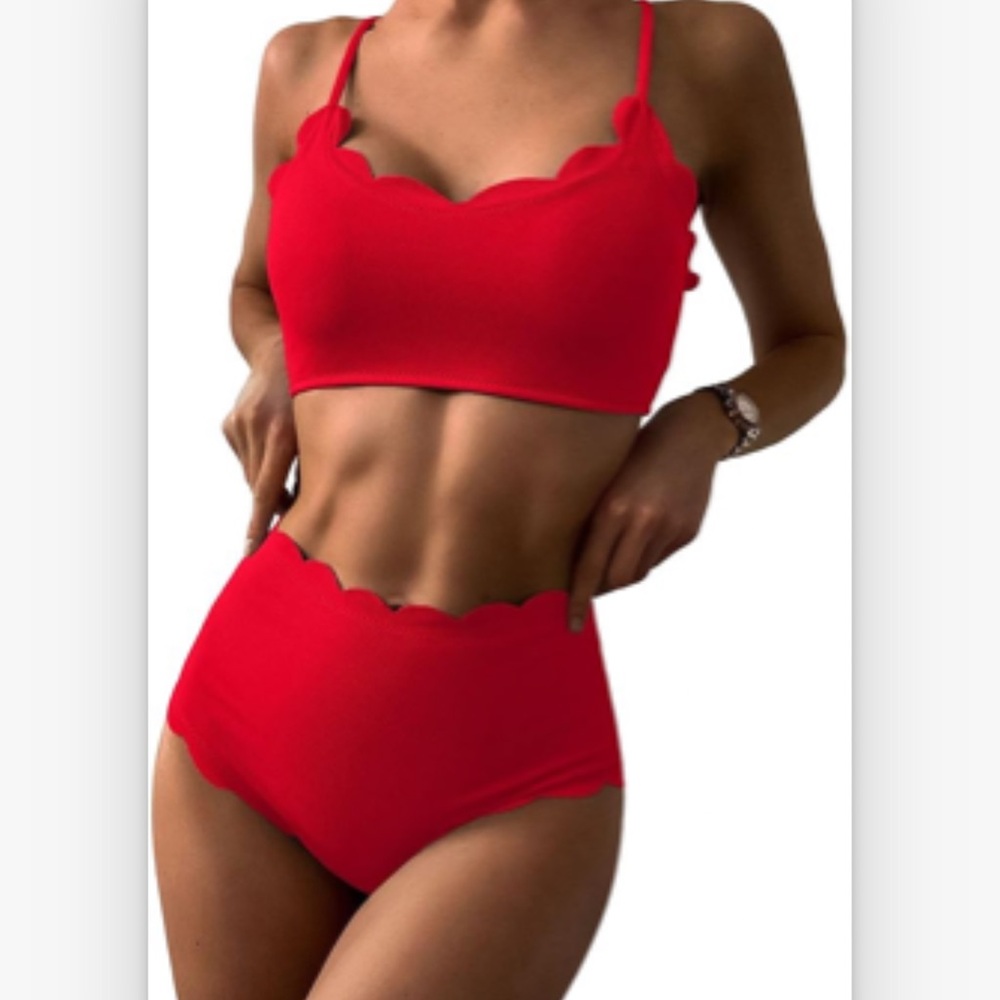 Scalloped Textured High Waisted Bikini Set Swimsuit Size Small